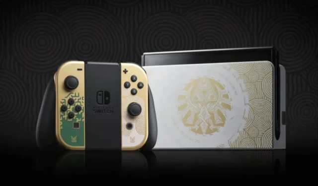 OLED-экран на Nintendo Switch Объявление о The Legend of Zelda: Tears of the Kingdom Edition; включает дату выпуска, цену и информацию о том, как сделать предварительный заказ.