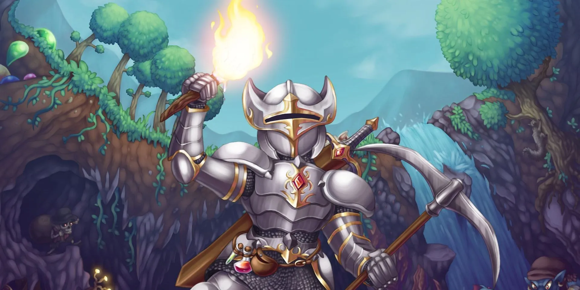 uma imagem promocional para Terraria mostrando uma pessoa em armadura com uma tocha na mão
