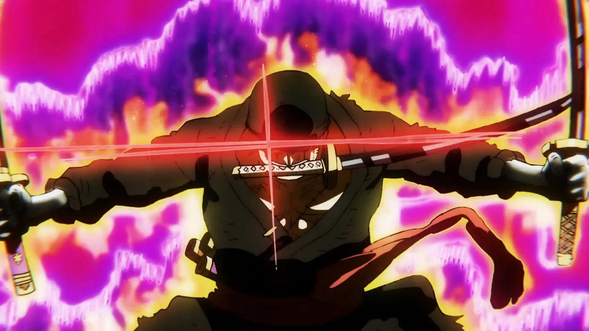 Zoro nel suo completo Onigashima (Immagine via Toei Animation, One Piece)