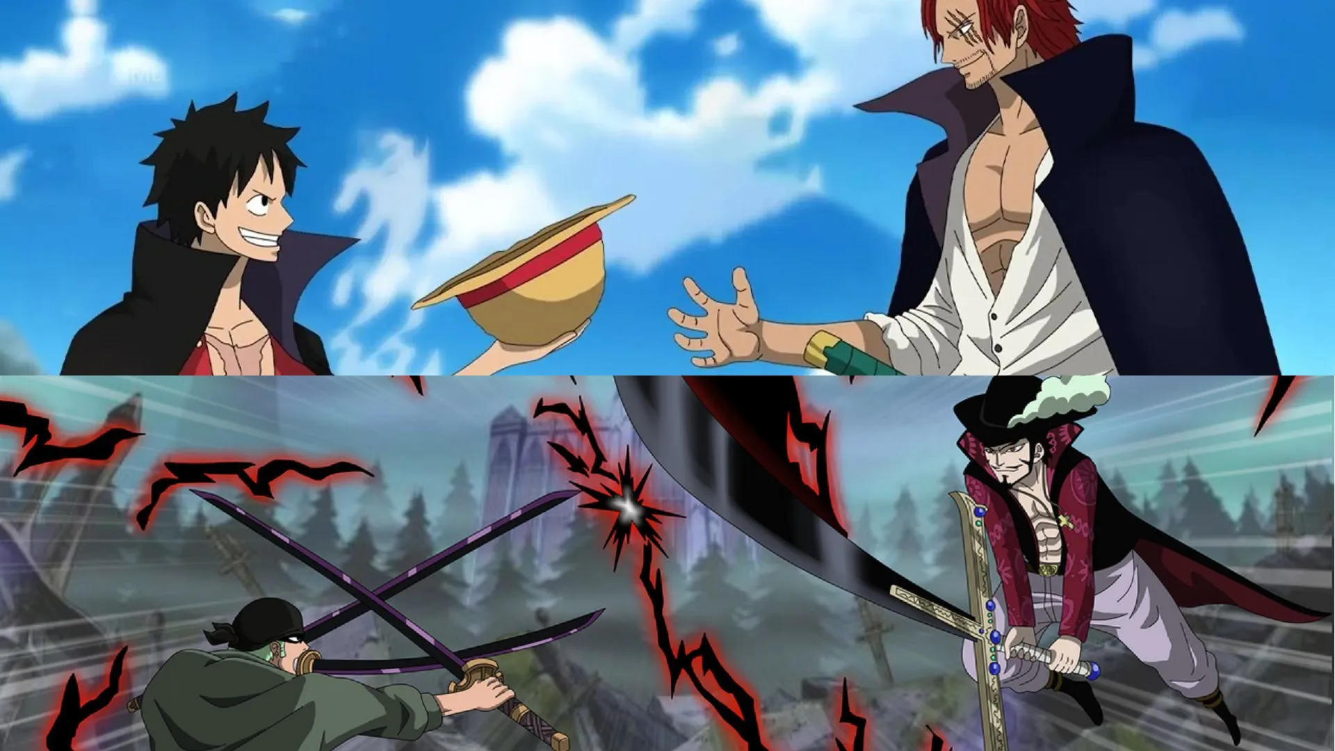 Шанкс и Дракуль Михок одновременно являются претендентами и наставниками соответственно для Луффи и Зоро (изображение Эйитиро Ода/Шуэиша, One Piece)