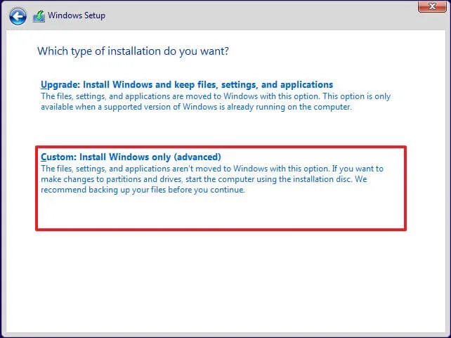 Aangepaste installatieoptie voor Windows 10