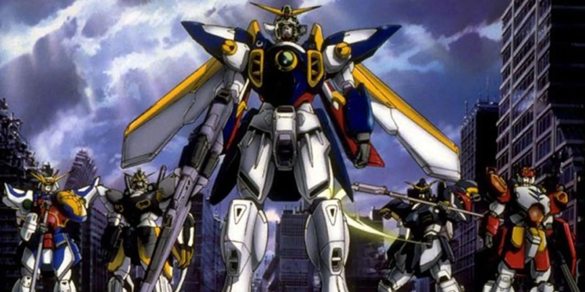 Arte promocional apresentando os cinco Gundams principais de Gundam Wing