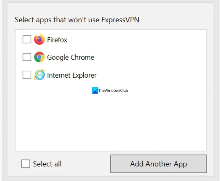 Dodaj aplikacje, aby nie używać listy VPN