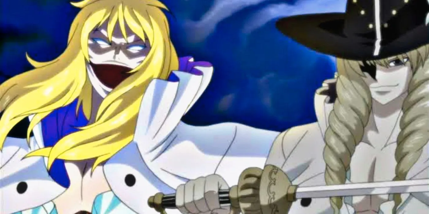 Cavendish i Hakuba One Piece razem uśmiechają się, gdy jeden z nich wymachuje ostrzem