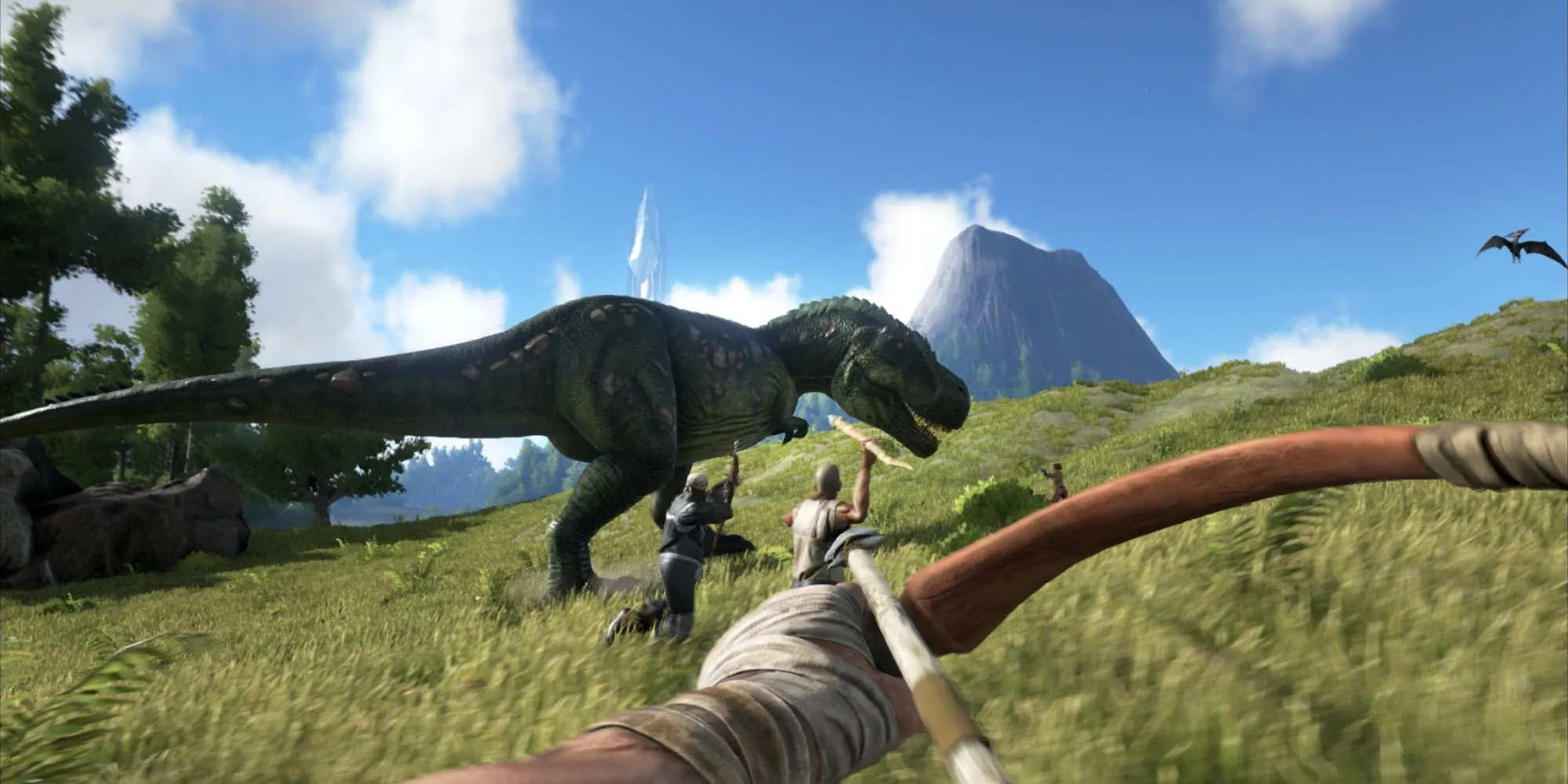 Wskazując łuk i strzały na T-Rexa w Ark: Survival Evolved