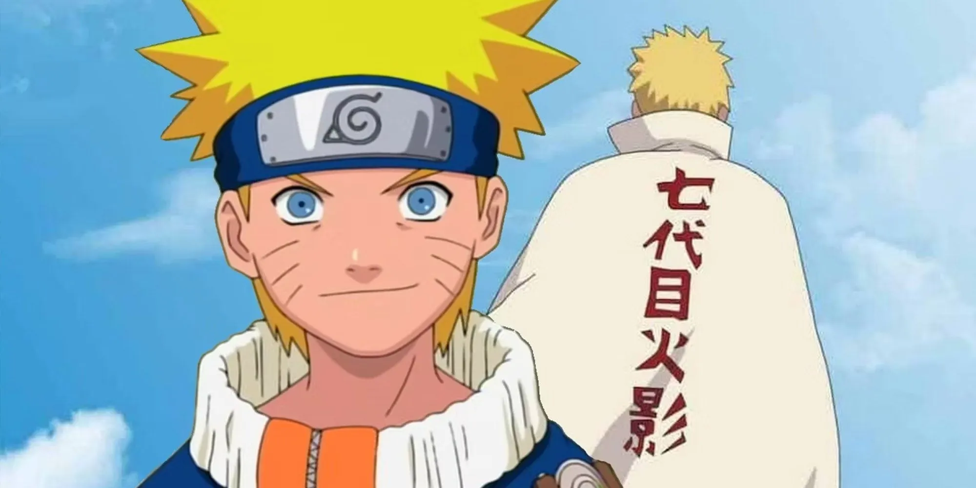 Naruto - Il giovane Naruto di fronte alla telecamera e l'Hokage Naruto di fronte