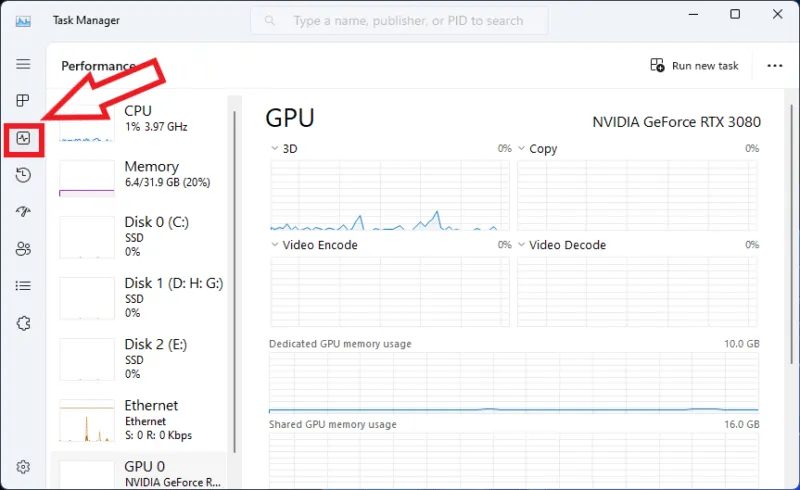 성능 탭과 GPU 섹션을 보여주는 작업 관리자 화면