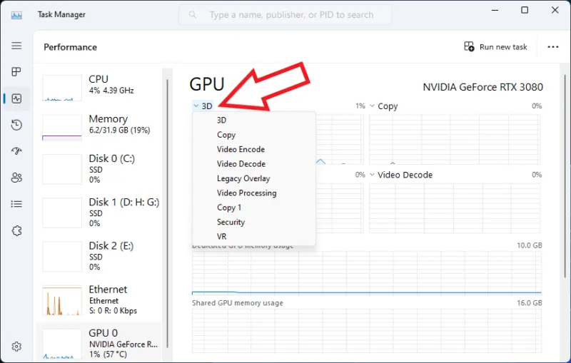 顯示「效能」標籤和 GPU 使用情況圖表的任務管理器螢幕