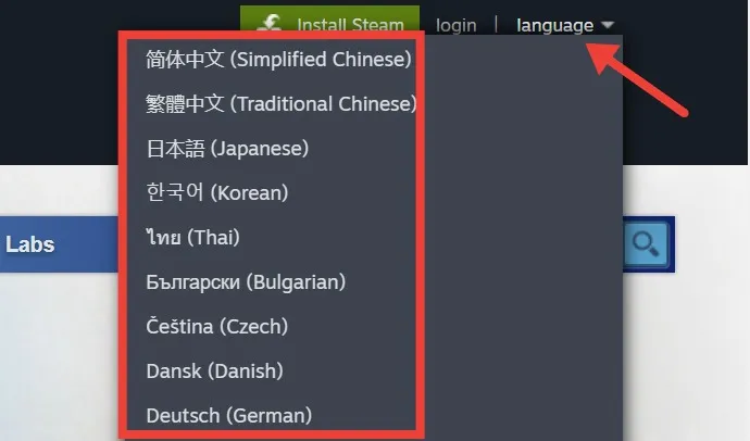 Selecteer een taal in Steam in de rechterbovenhoek.