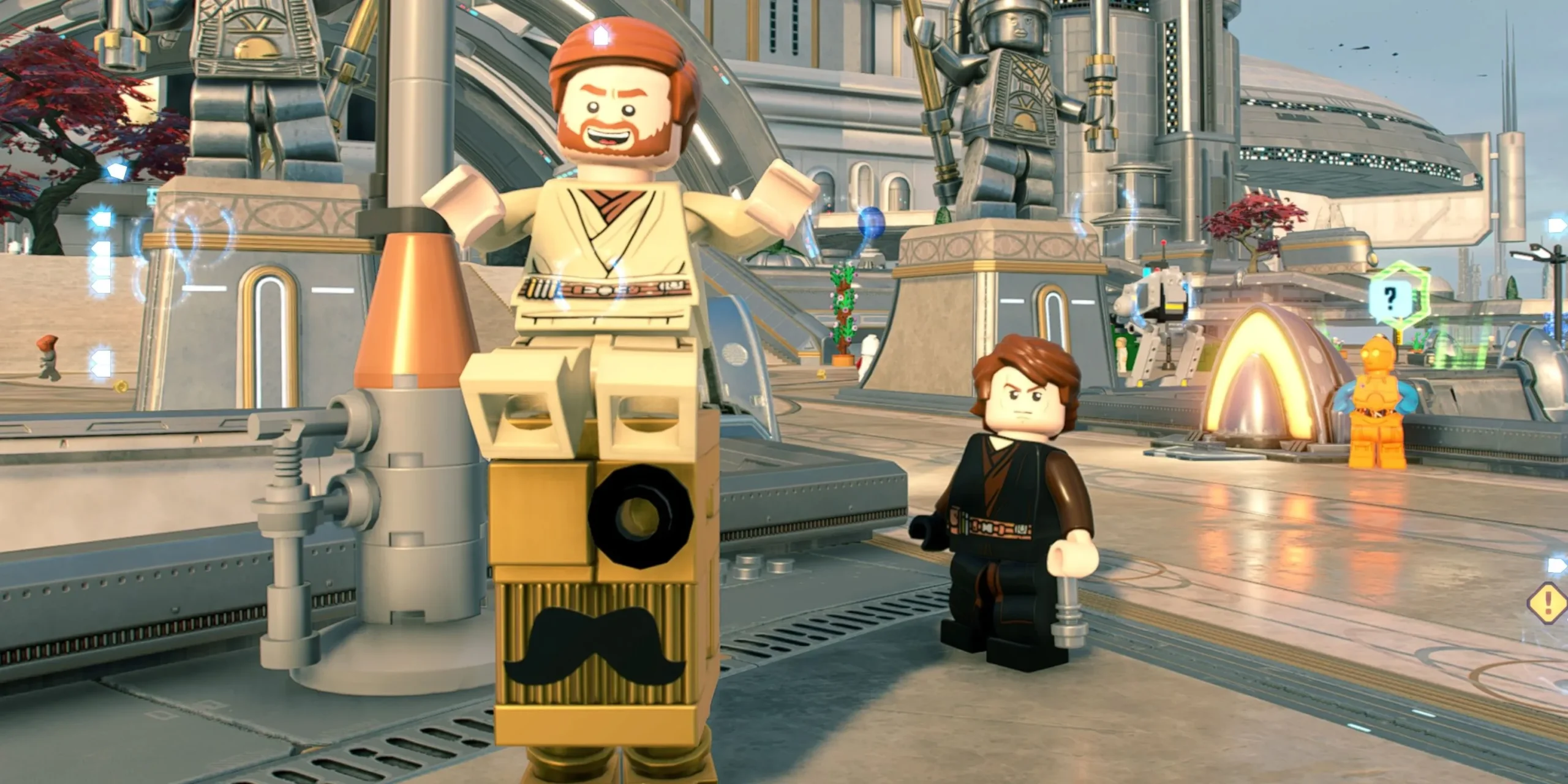 Obi-Wan Kenobi jadący na złotym droidzie gonk z Anakinem
