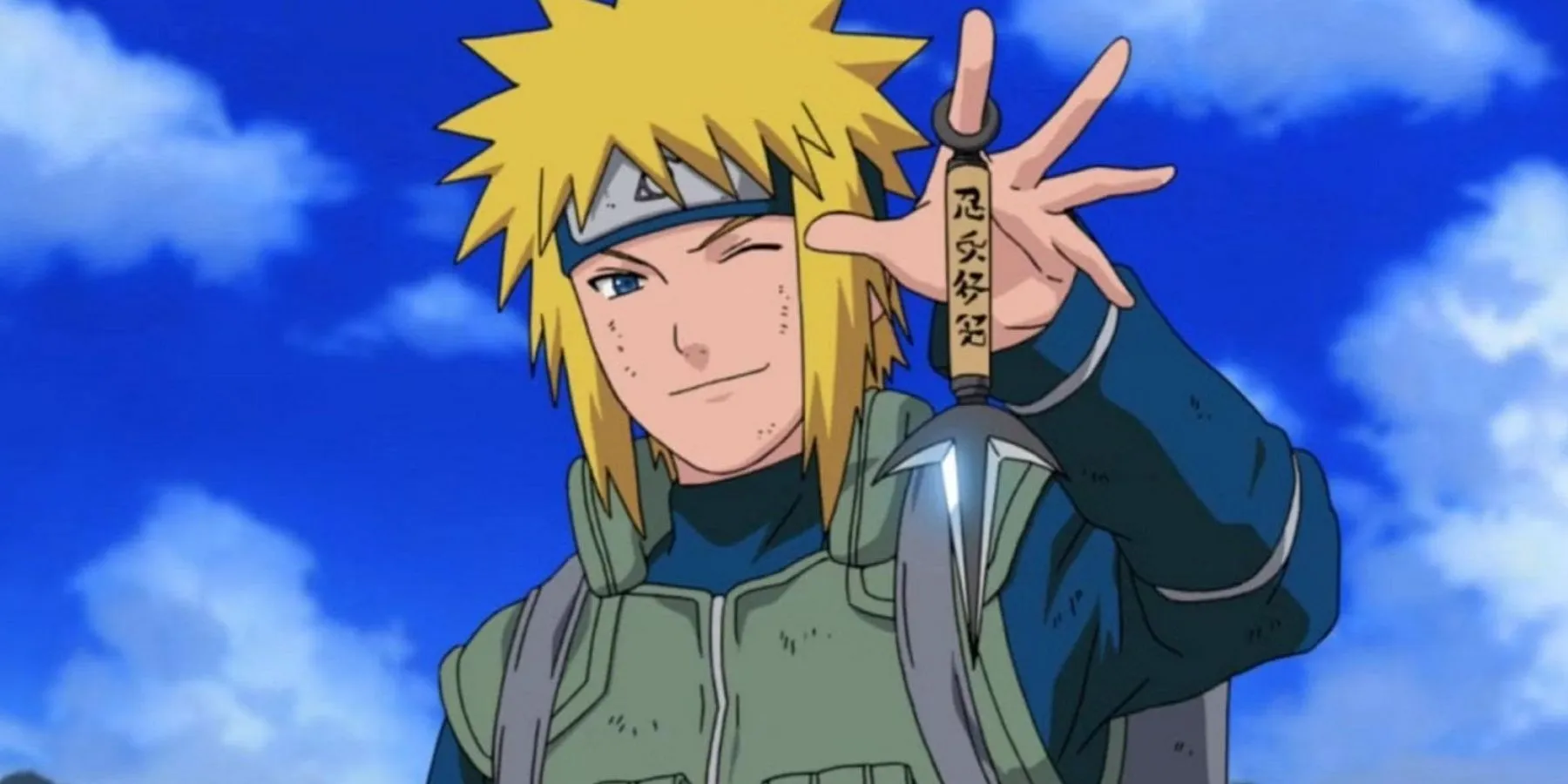 Minato lacht met zijn Kunai tijdens de oorlog in Naruto