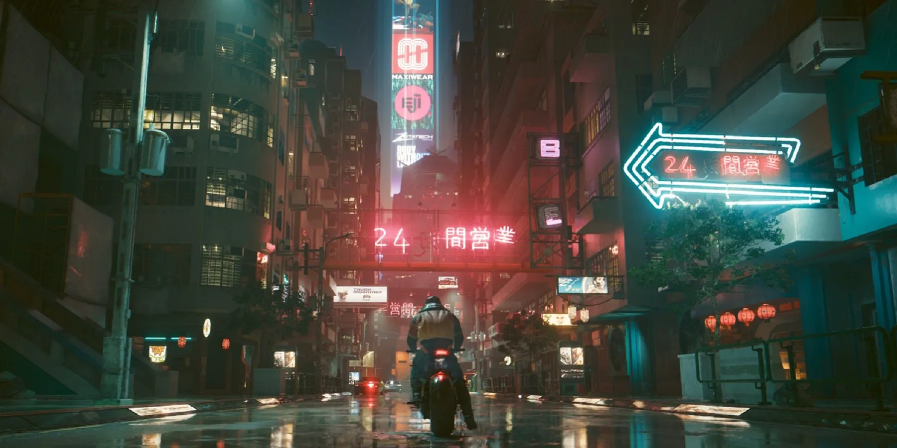 Zdjęcie z Cyberpunka 2077 przedstawiające motocyklistę na ciemnej, neonowej ulicy w Night City.