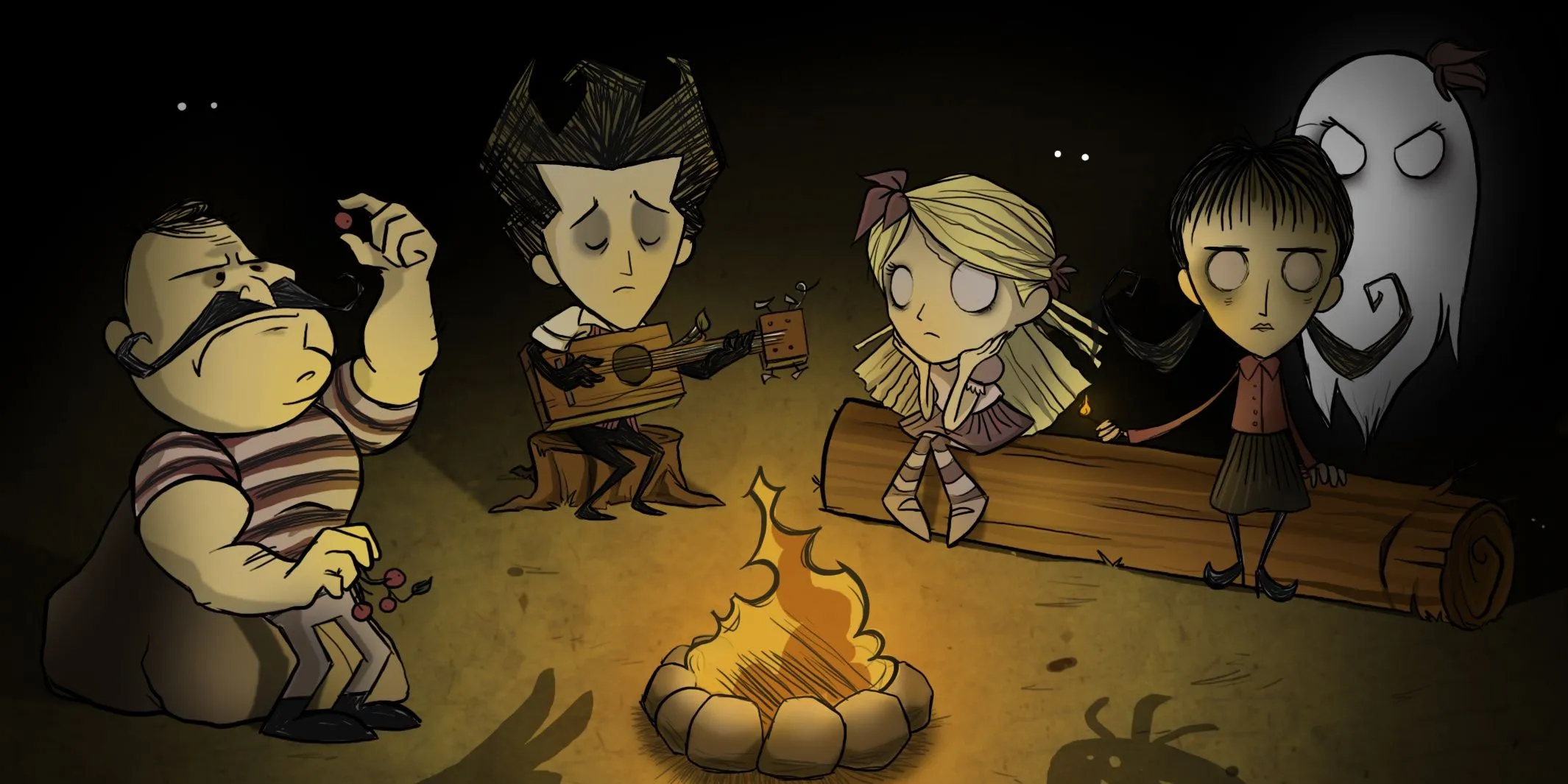 Wolfgang Wilson Wendy Abigail i Willow siedzą wokół ognia otoczonego ciemnością