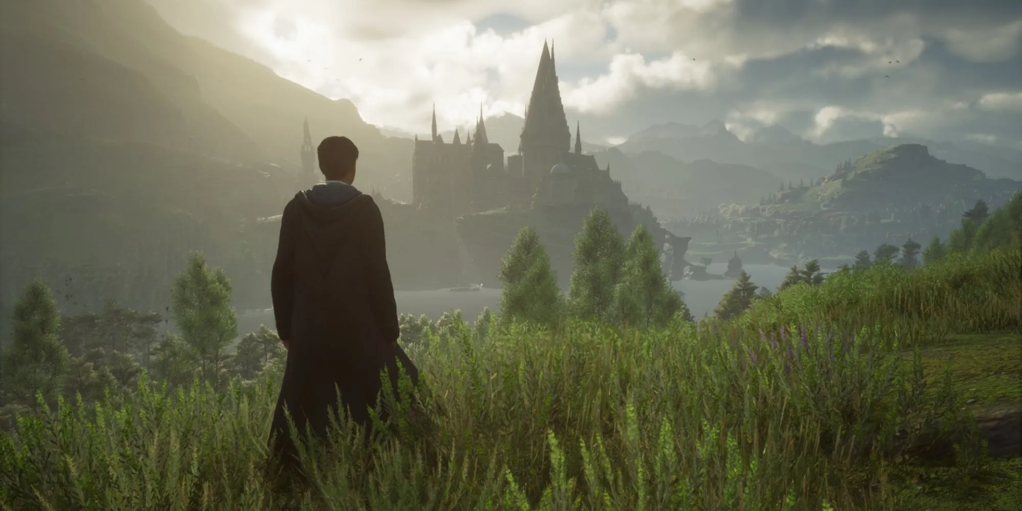 Czarodziej Dziedzictwa Hogwartu stojący na polu i patrzący na zamek Hogwart wiosną