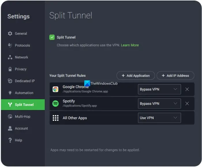 split-tunnel-apps op PIA