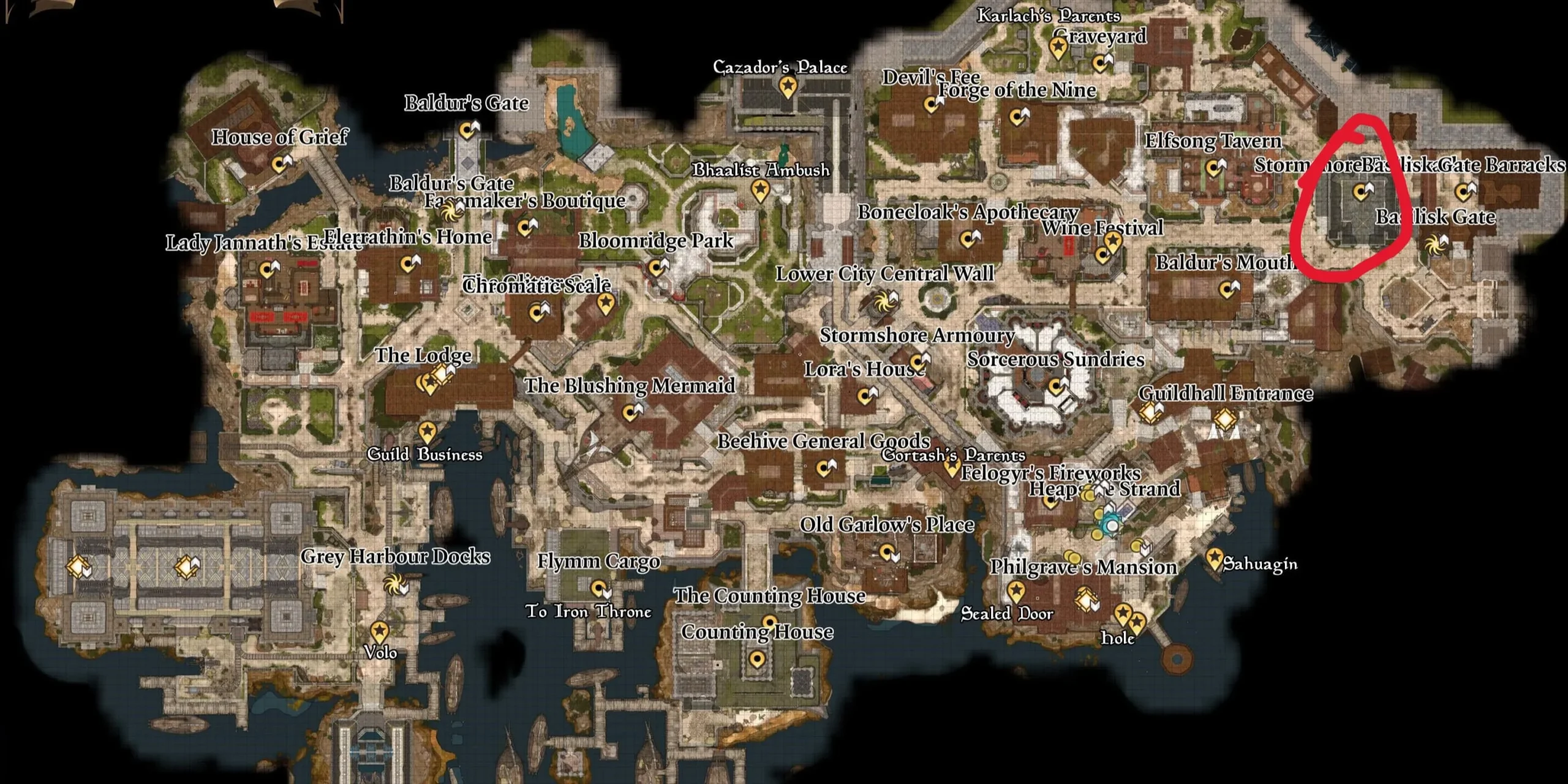 La ubicación del Tabernáculo de Stormshore está marcada en rojo en un mapa de la Ciudad Baja en Baldur's Gate 3.