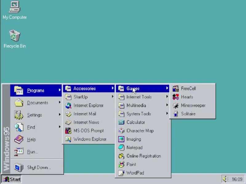 Programma's in Windows 95 in een webbrowser-emulator.