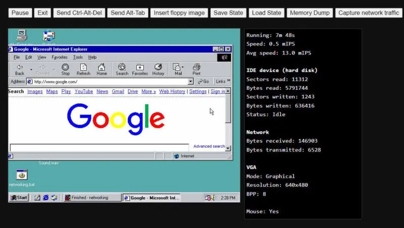 Bureaubladweergave van Windows 98-emulator met Internet Explorer geopend.