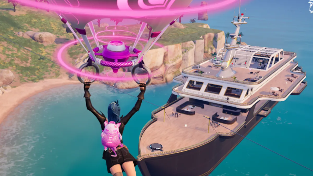 Fortnite character gliding towards the marigold yacht in chapter 5 season 1.