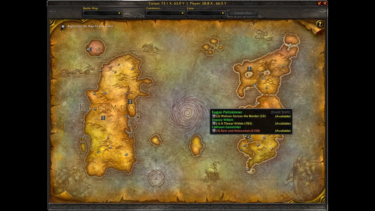 Классическая карта WoW с Questie, показывающая зоны Калимдора и Восточных королевств.