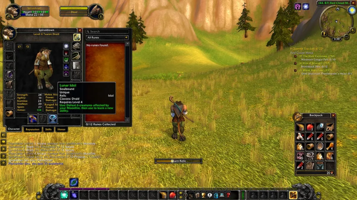 Schermata del personaggio di World of Warcraft per un druido Tauren