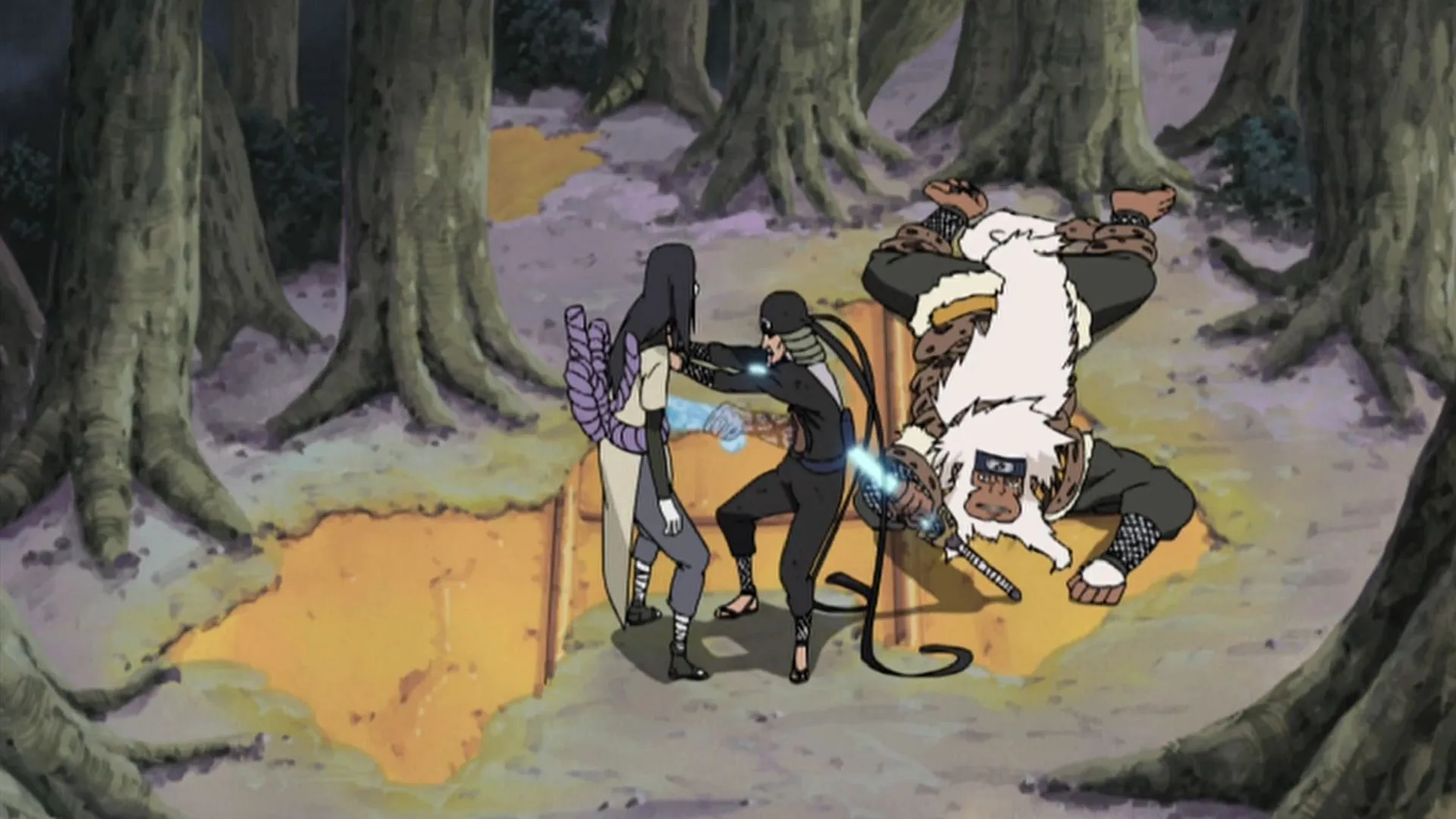La lotta tra Hiruzen e Orochimaru vista nell'anime Naruto (Immagine tramite Studio Pierrot)