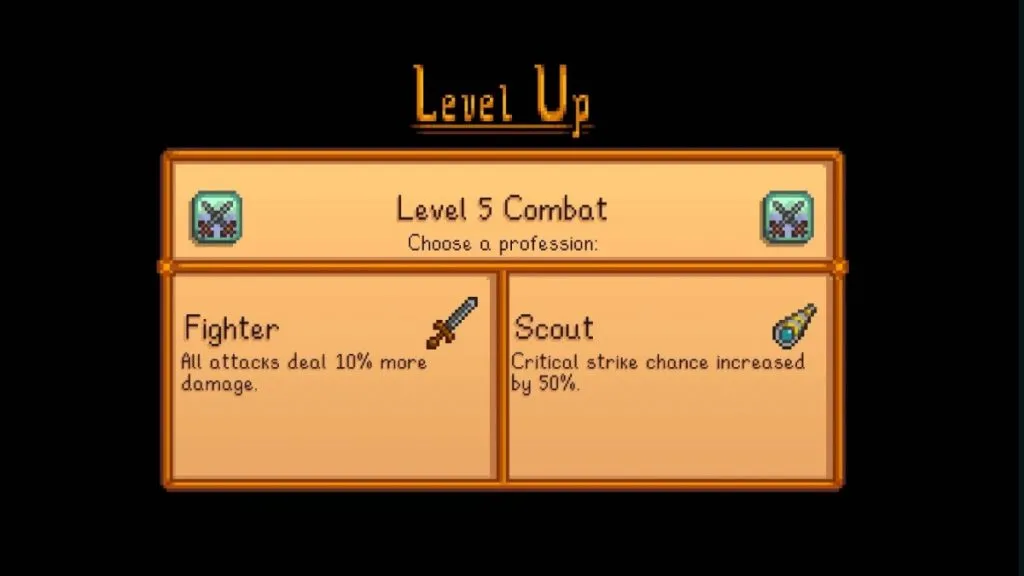 Opzione nella schermata del livello di Stardew Valley per scegliere tra Scout e Fighter
