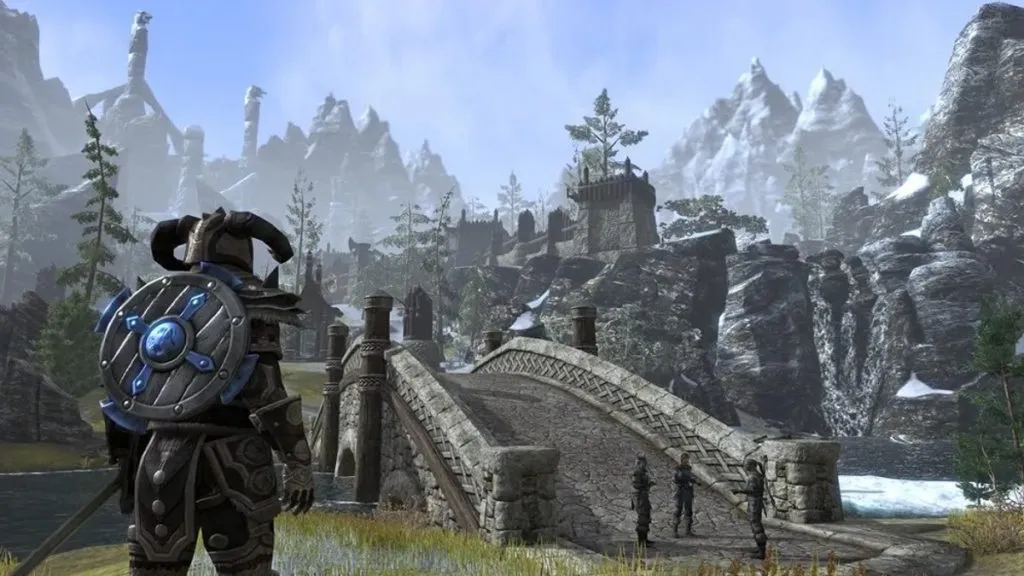 Elders Scroll jogador online em frente a uma ponte