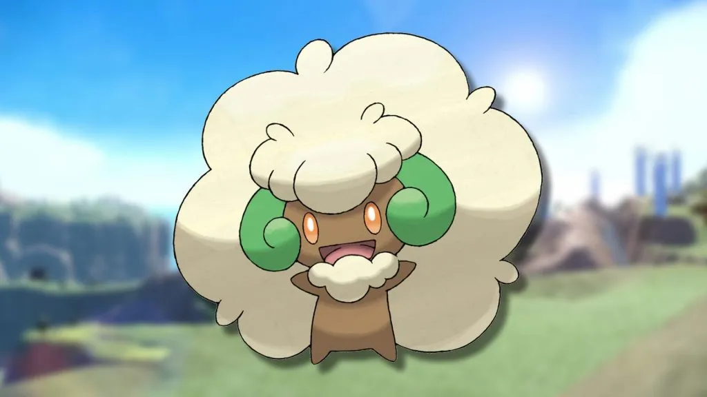 The Pokemon Whimsicott appears against a blurred background