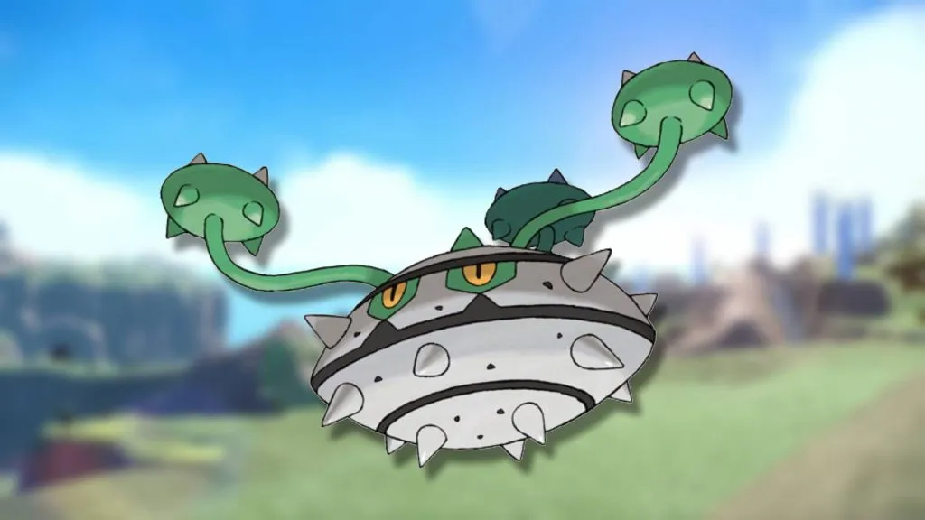 The Pokemon Ferrothorn is shown against a blurred background