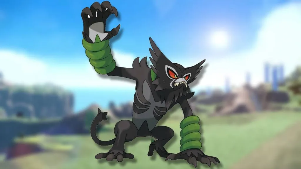 The Pokemon Zarude is shown against a blurred background
