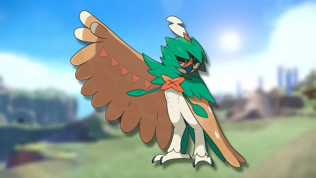 The Pokemon Decidueye is shown against a blurred background