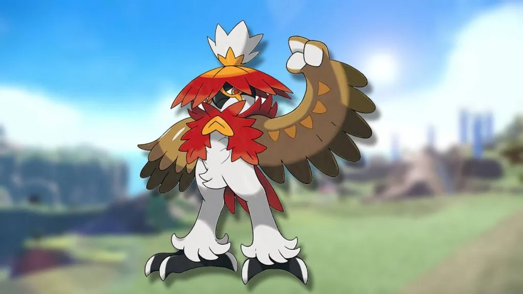 The Pokemon Hisuian Decidueye is shown against a blurred background