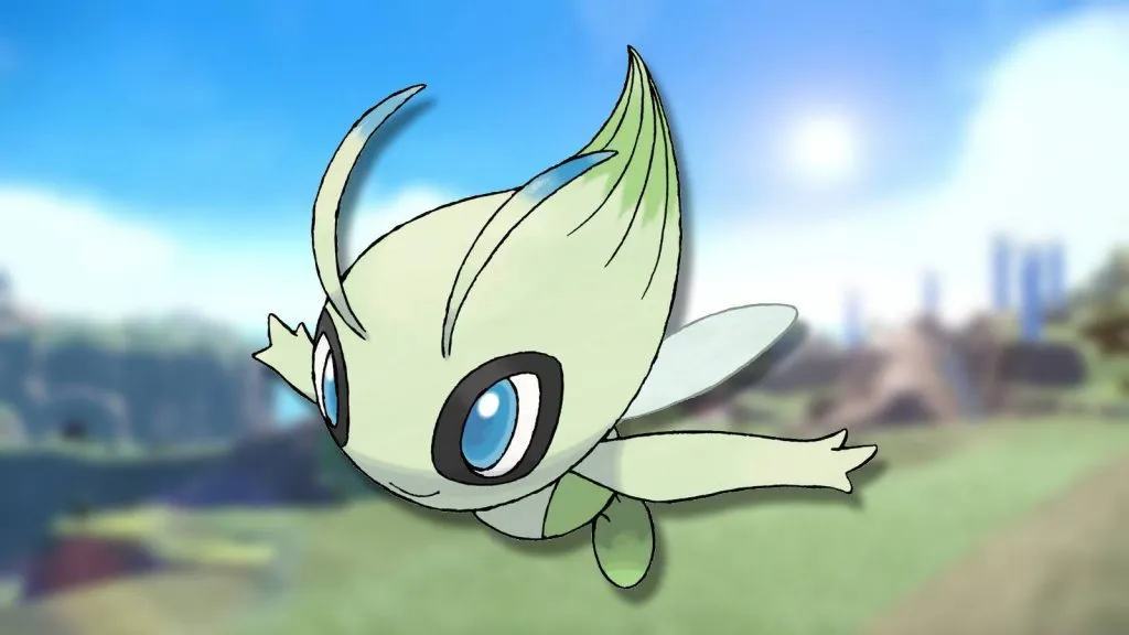 The Pokemon Celebi is shown against a blurred background