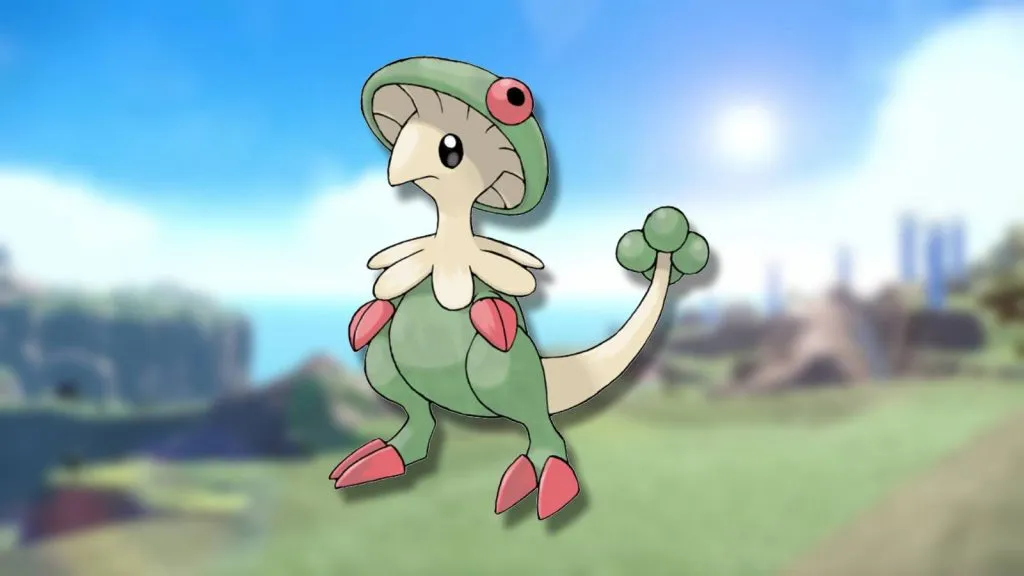 The Pokemon Breloom is shown against a blurred background