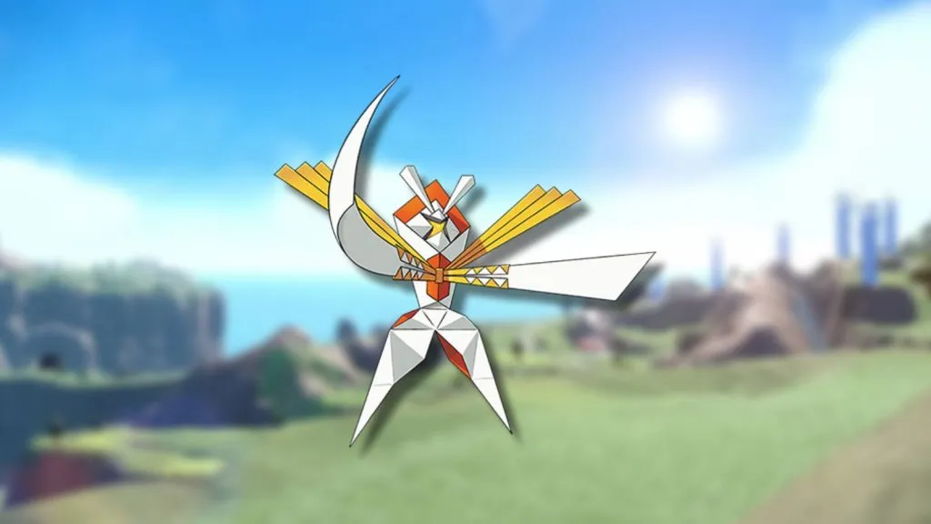 The Pokemon Kartana appears against a blurred background
