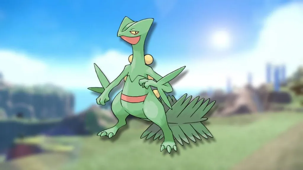 The Pokemon Sceptile is shown against a blurred background