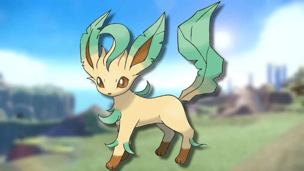 The Pokemon Leafeon is shown against a blurred background