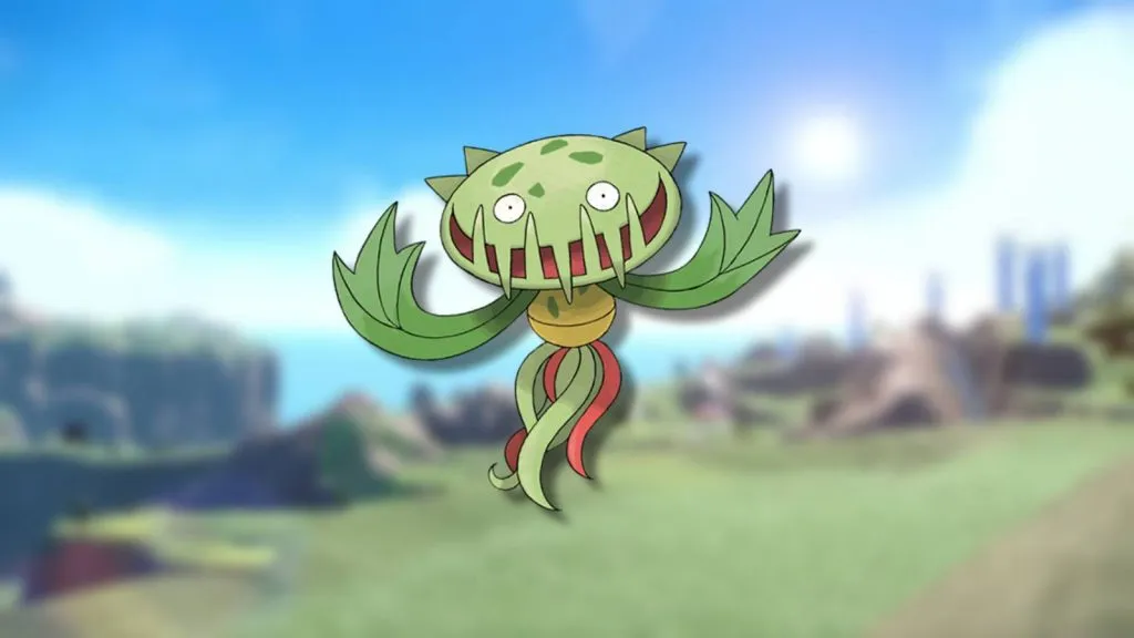 The Pokemon Carnivine is shown against a blurred background