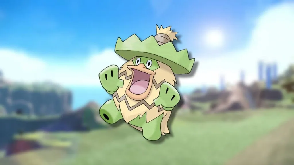 El Pokémon Ludicolo se muestra sobre un fondo borroso.