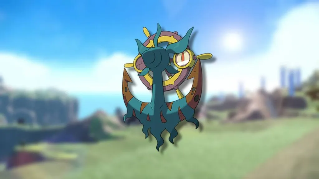 The Pokemon Dhelmise is shown against a blurred background