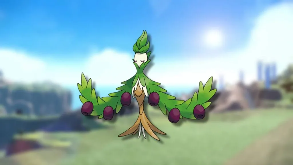 El Pokémon Arboliva se muestra sobre un fondo borroso.