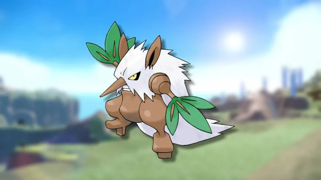 The Pokemon Shiftry is shown against a blurred background