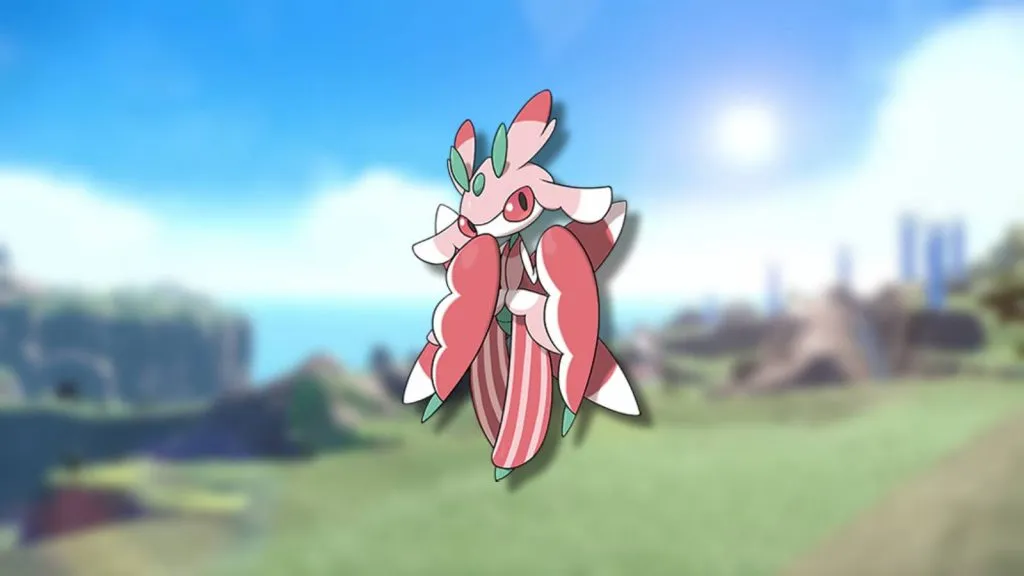 The Pokemon Lurantis is shown against a blurred background