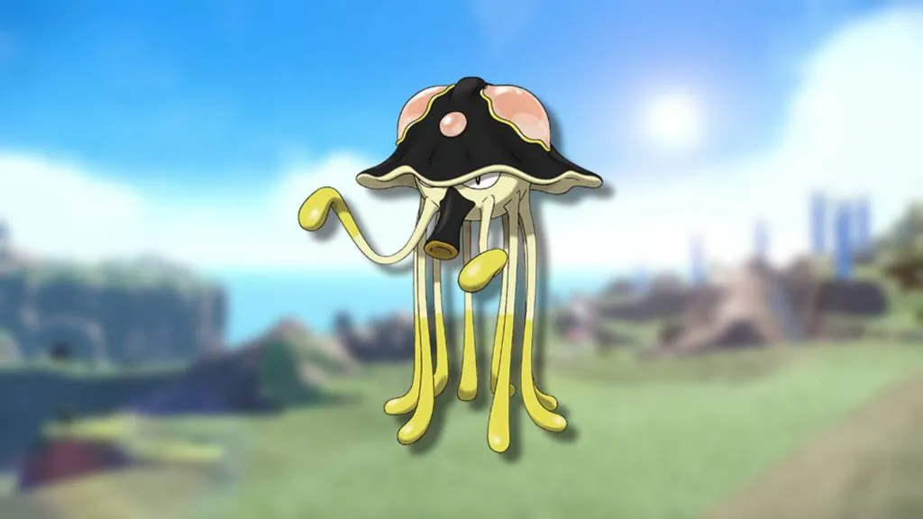 The Pokemon Toedscruel is shown against a blurred background