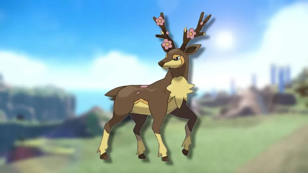 The Pokemon Sawsbuck appears against a blurred background