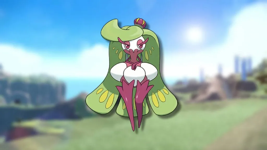 The Pokemon Tsareena is shown against a blurred background