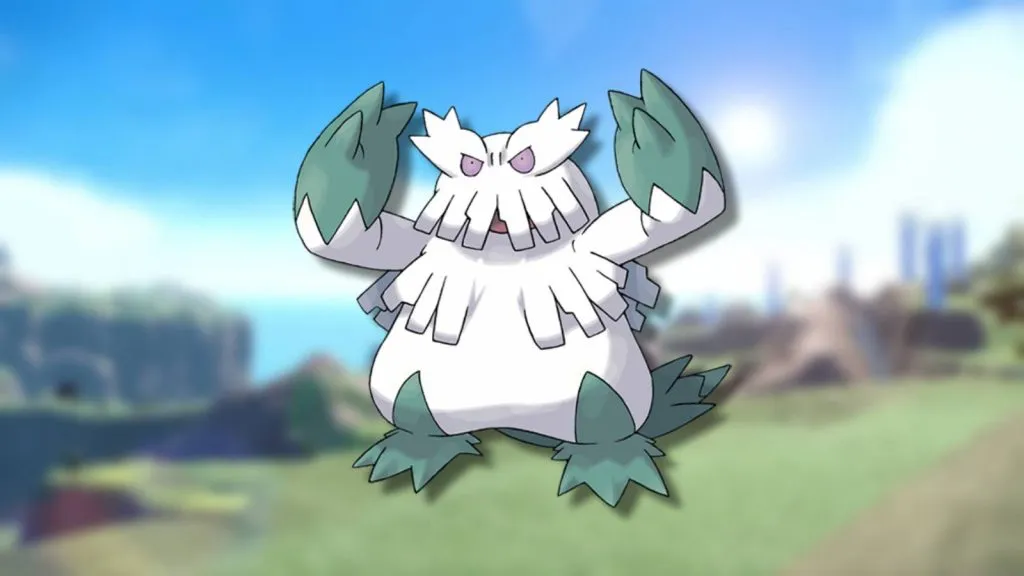The Pokemon Abomasnow is shown against a blurred background