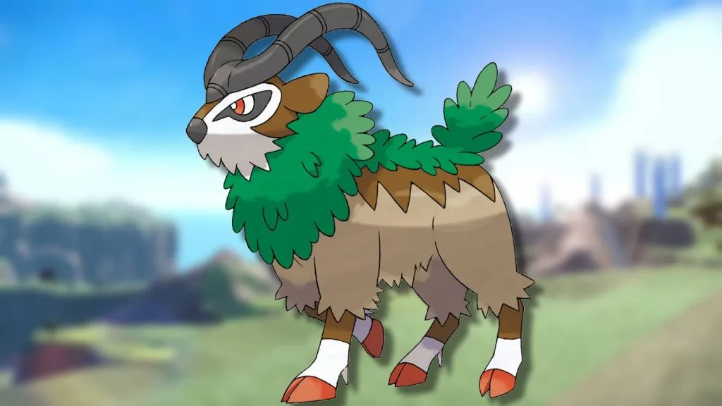 The Pokemon Gogoat is shown against a blurred background