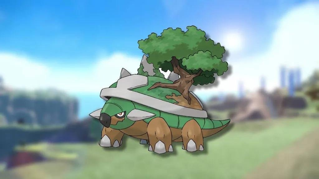The Pokemon Torterra is shown against a blurred background